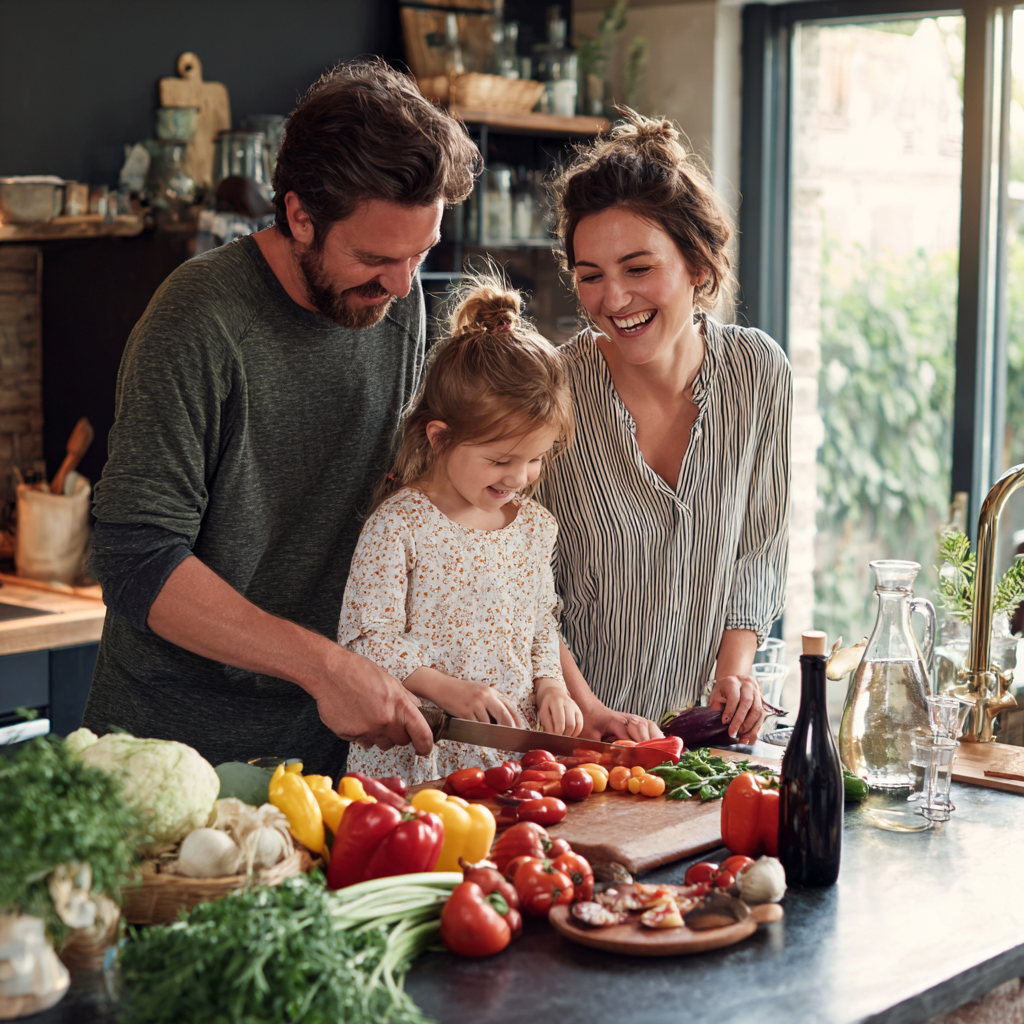 Happy middle-aged European woman holding fresh vegetables and fruits, smiling warmly while planning her healthy meal in a bright modern kitchen