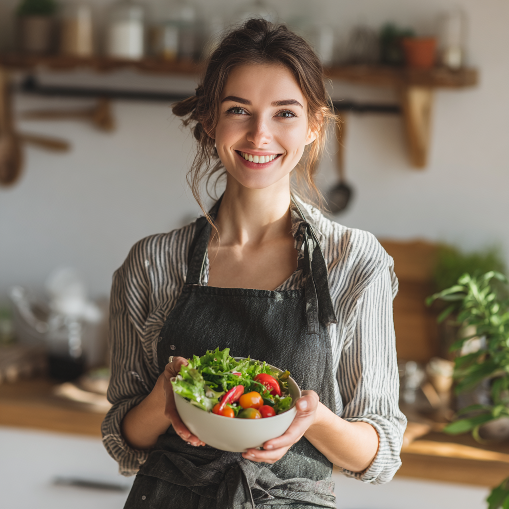 Professional European nutritionist woman in her 40s smiling confidently while reviewing healthy meal plans in a modern wellness center office