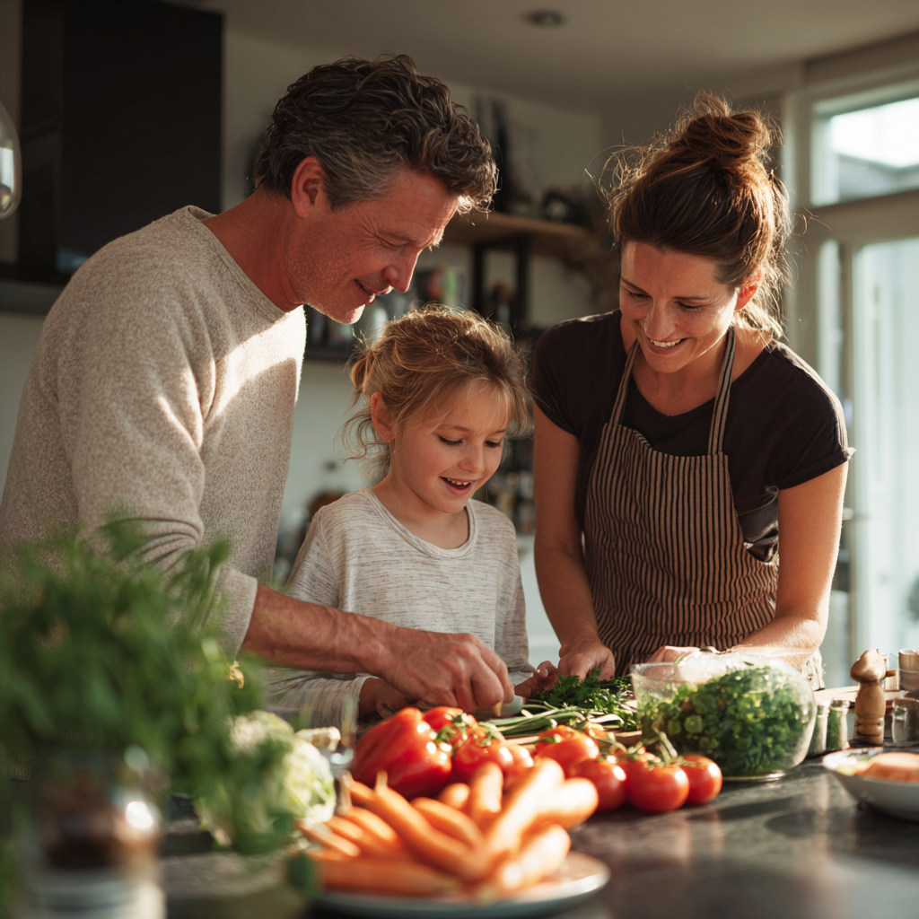Professional European nutritionist woman in her late 30s with a warm smile, sitting in a modern consultation office with healthy food examples on the desk